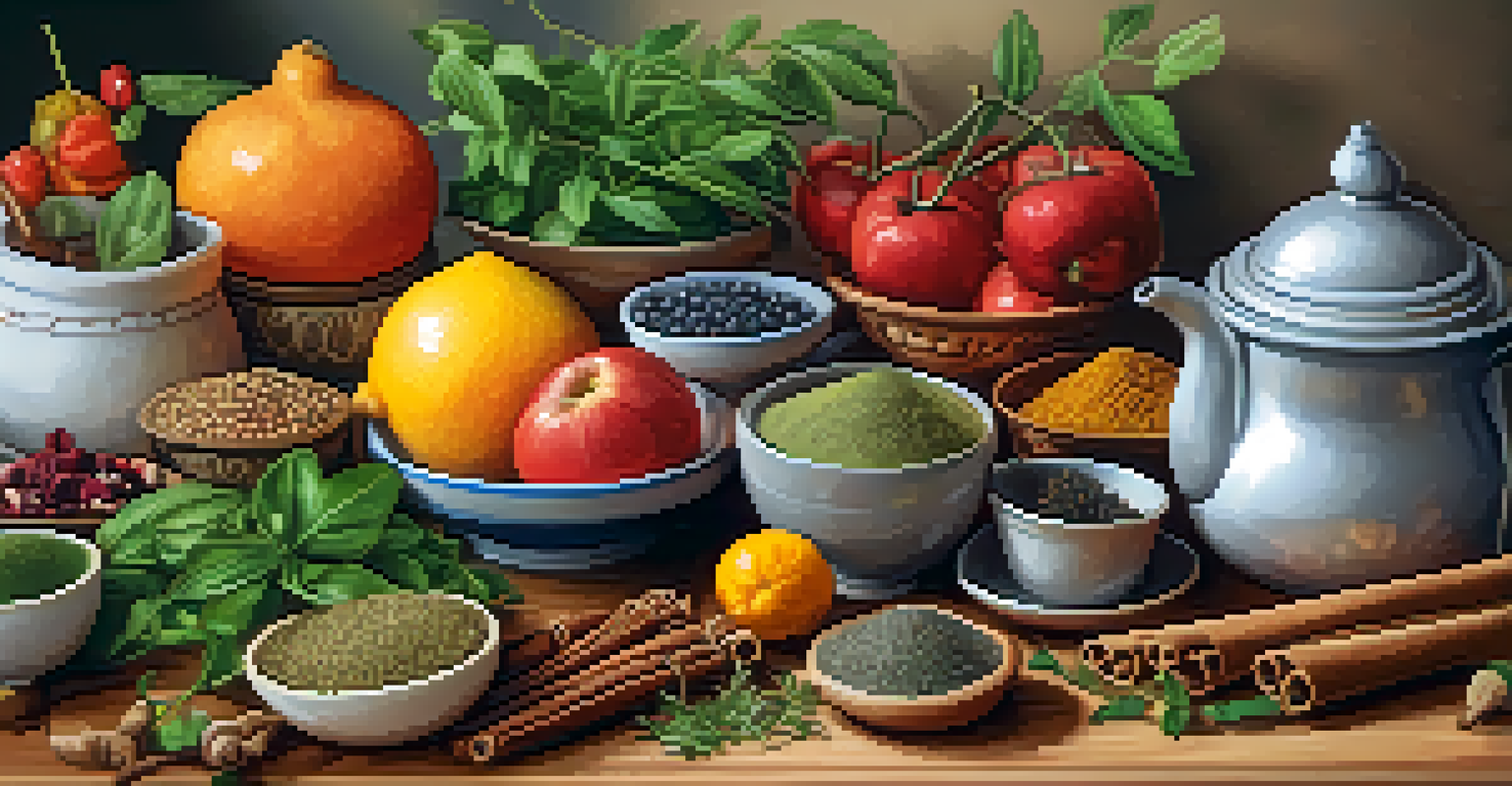 A vibrant kitchen with Ayurvedic ingredients including spices, herbs, and fruits on a wooden countertop, with a cup of herbal tea.