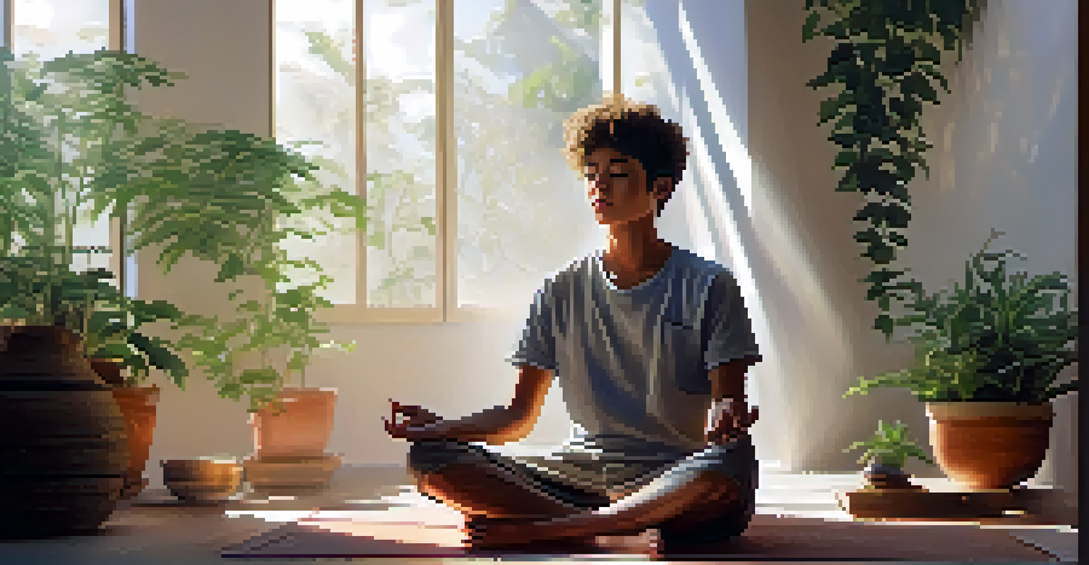A young individual meditating indoors, surrounded by pillows and plants, with sunlight on their serene face.