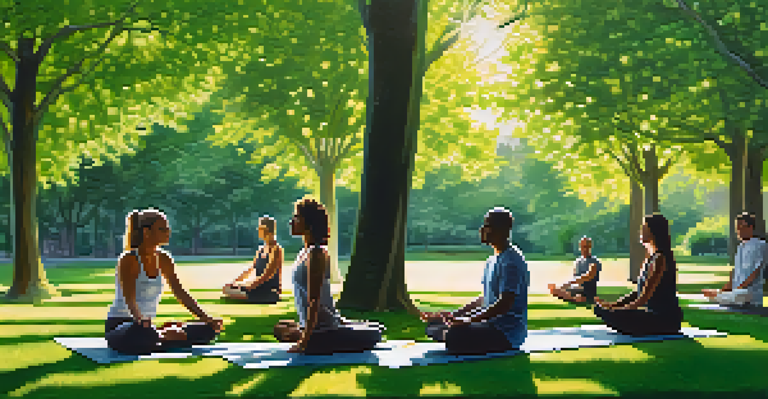 A group of colleagues practicing alternate nostril breathing in a green park, surrounded by nature and sunlight.