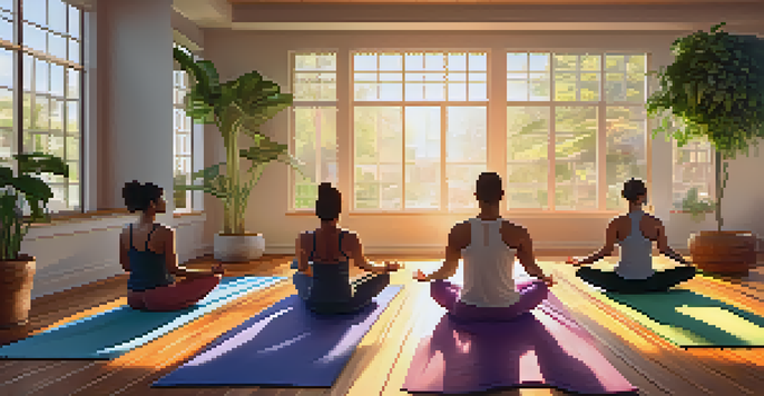 A diverse group of people practicing yoga in a sunlit room with large windows and indoor plants.
