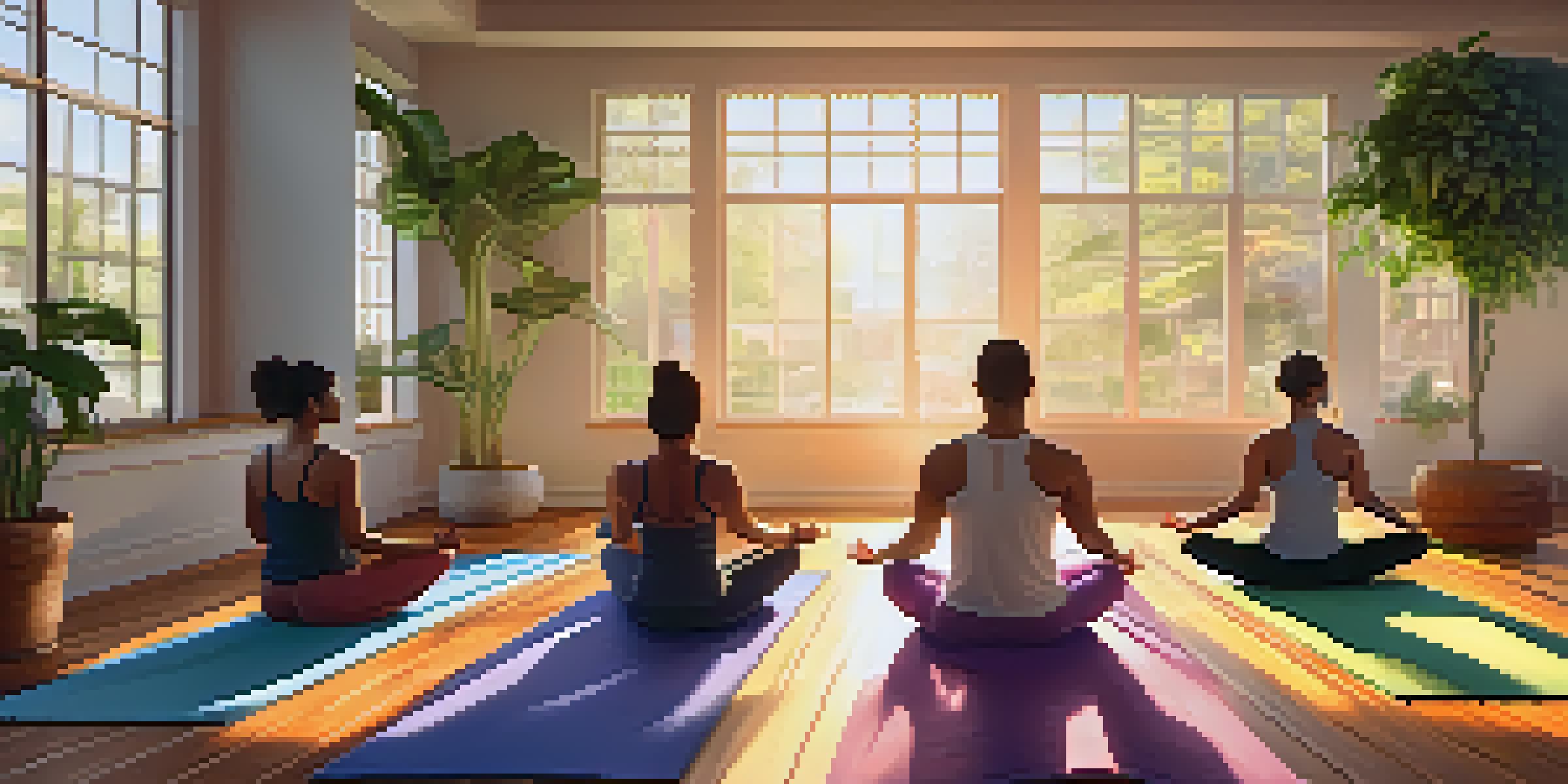 A diverse group of people practicing yoga in a sunlit room with large windows and indoor plants.