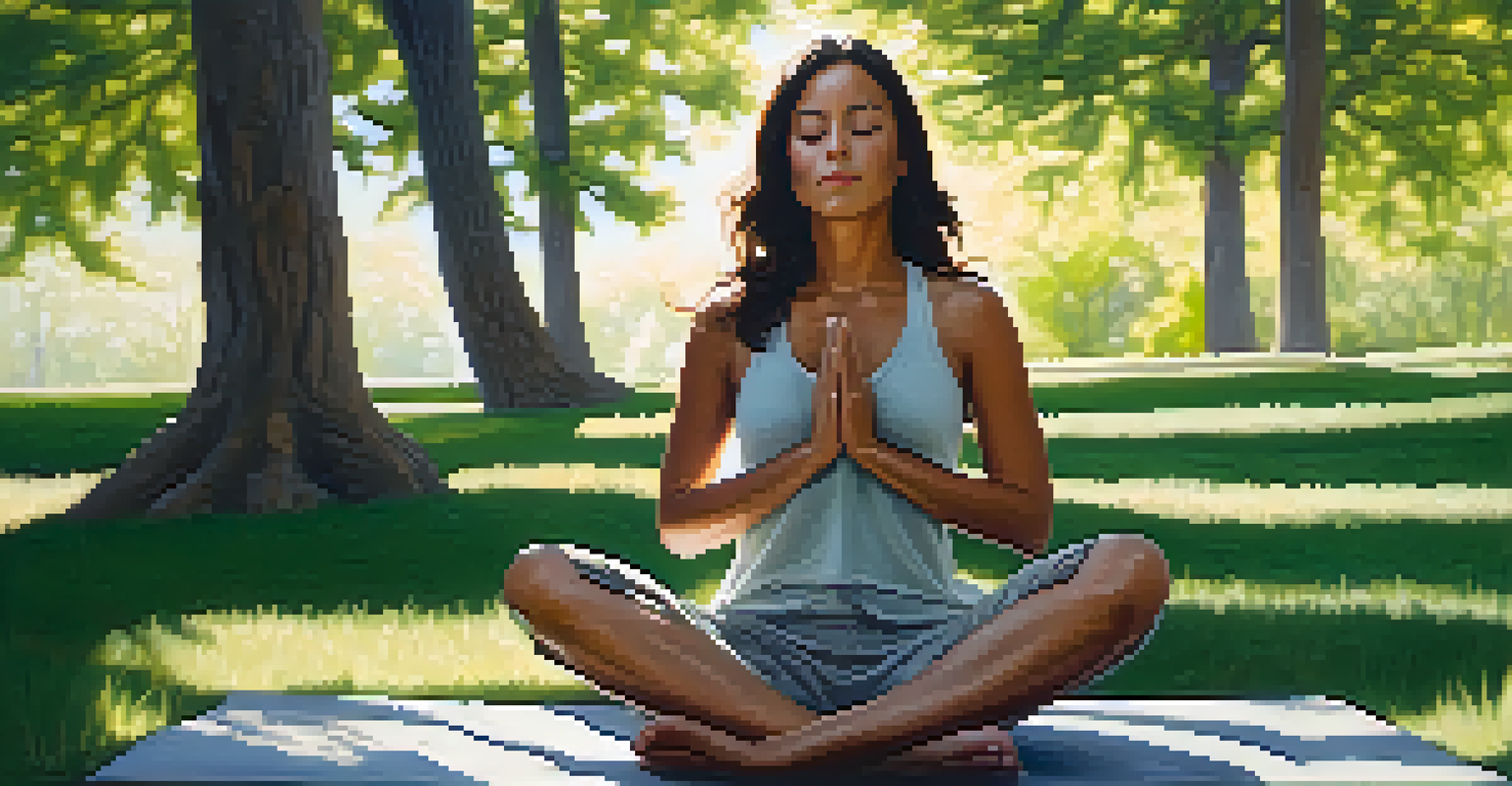 A person practicing deep belly breathing outdoors, sitting cross-legged on grass with sunlight filtering through trees.