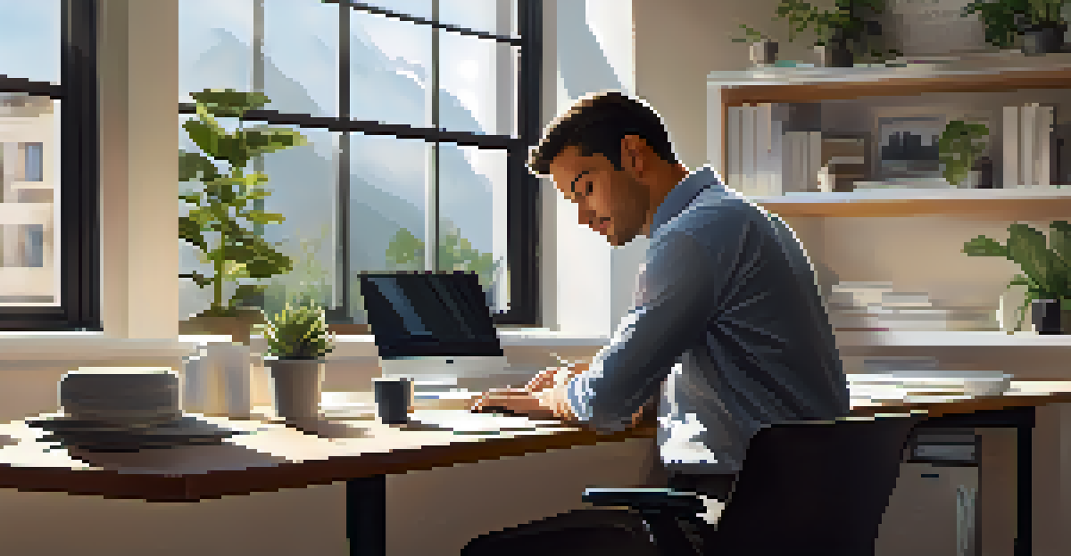 An office worker in a seated mountain pose at their desk, surrounded by a tidy workspace and soft sunlight creating a peaceful atmosphere.