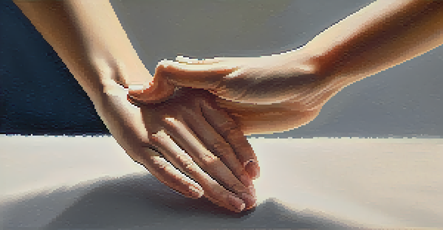 Close-up of hands doing wrist and hand stretches, with a calming blurred background.