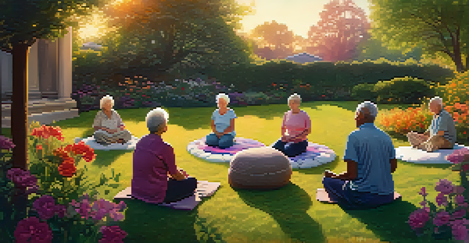 A group of seniors practicing breathing exercises in a peaceful garden during sunset, sitting on cushions surrounded by flowers.