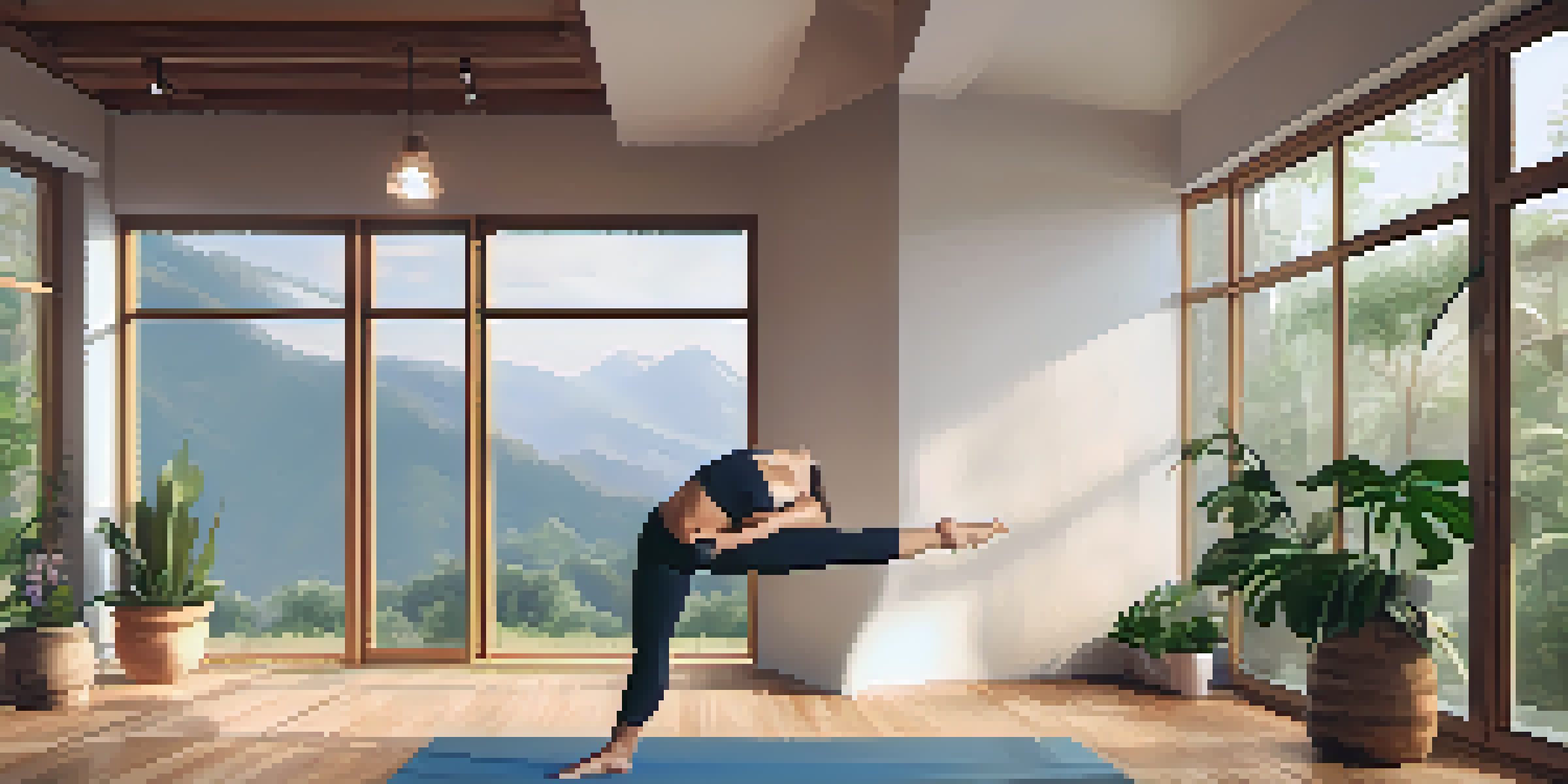 A person practicing the mountain pose in a serene yoga studio with morning light and plants.