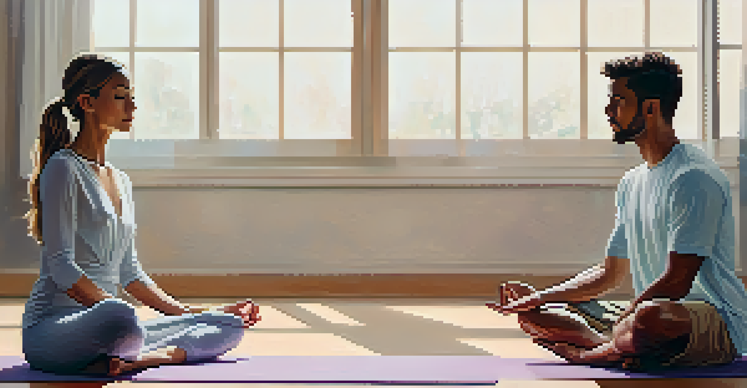 An illustration depicting two individuals in a heated discussion with yoga poses overlay symbolizing calmness and mindfulness.