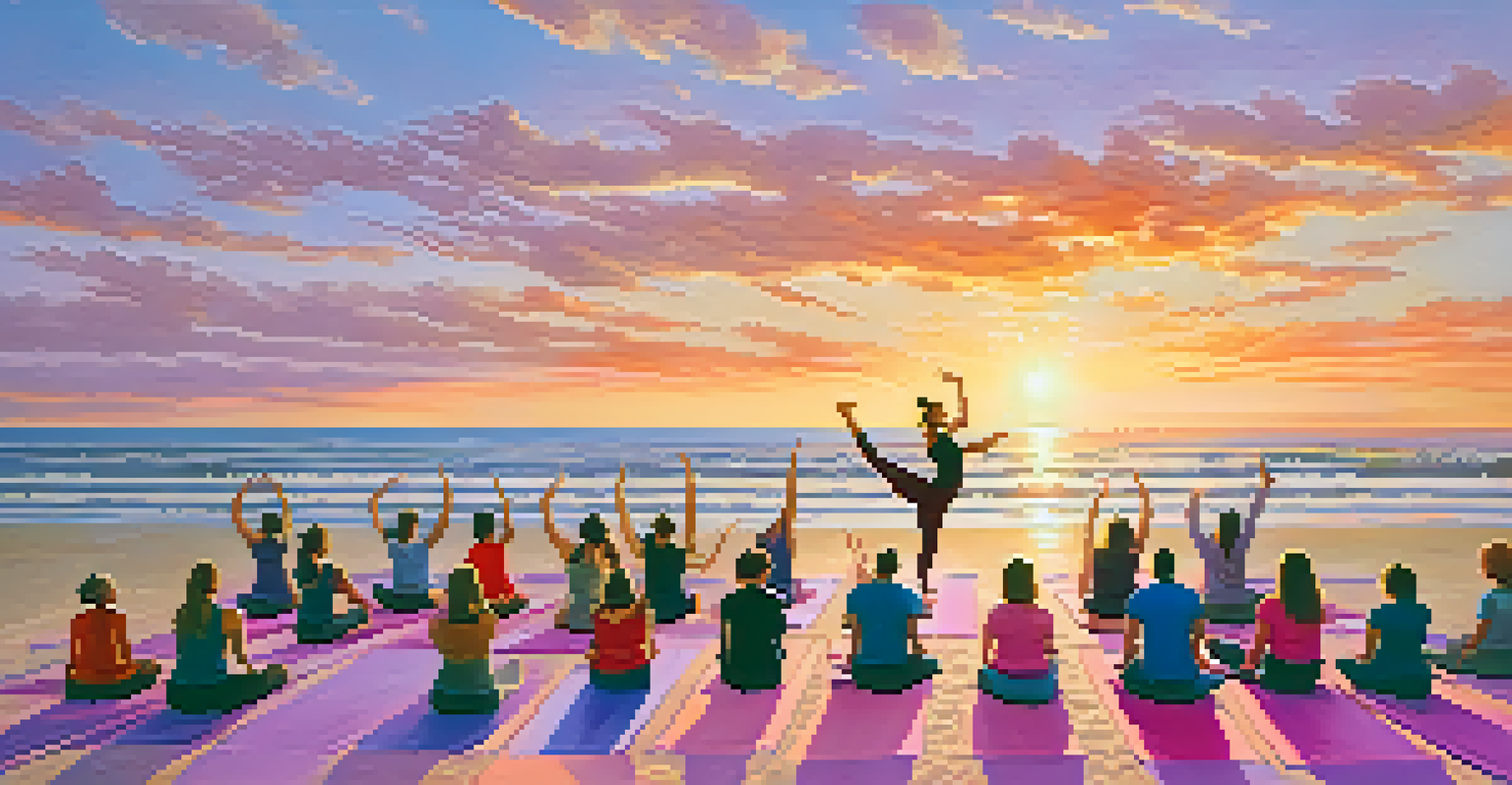 An outdoor yoga class on a beach at sunset, with participants flowing through poses and musical notes in the air.