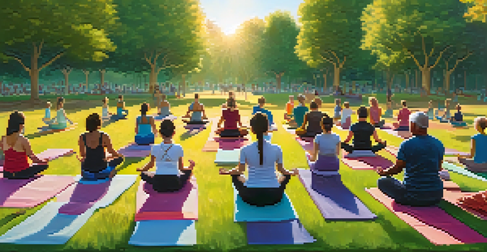 A peaceful outdoor yoga class with diverse participants practicing yoga poses on colorful mats in a green park during sunset.