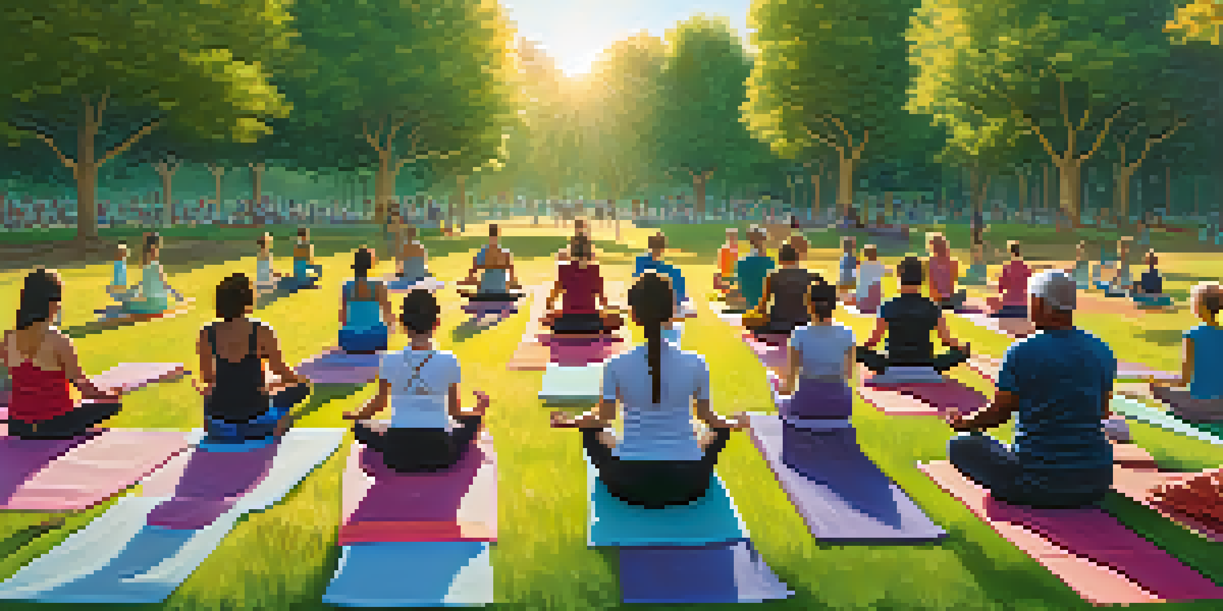 A peaceful outdoor yoga class with diverse participants practicing yoga poses on colorful mats in a green park during sunset.