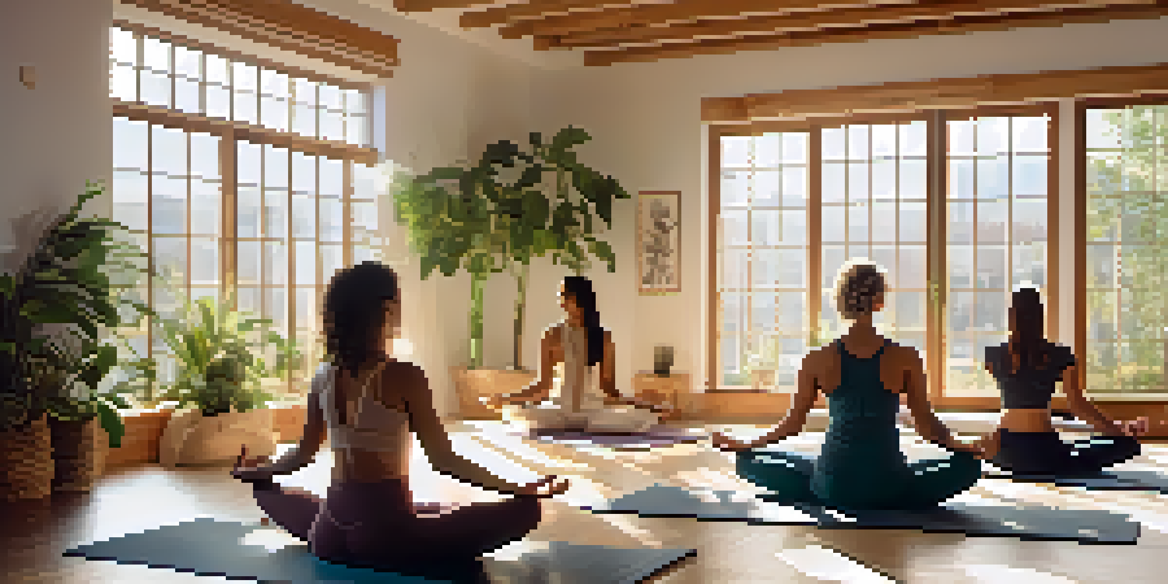 A peaceful yoga studio with natural light, where diverse individuals meditate on eco-friendly mats surrounded by plants.