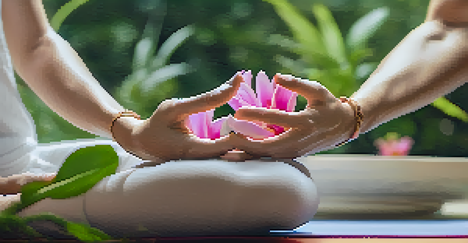 Close-up of hands in a mudra pose on a yoga mat, with a blurred garden background.