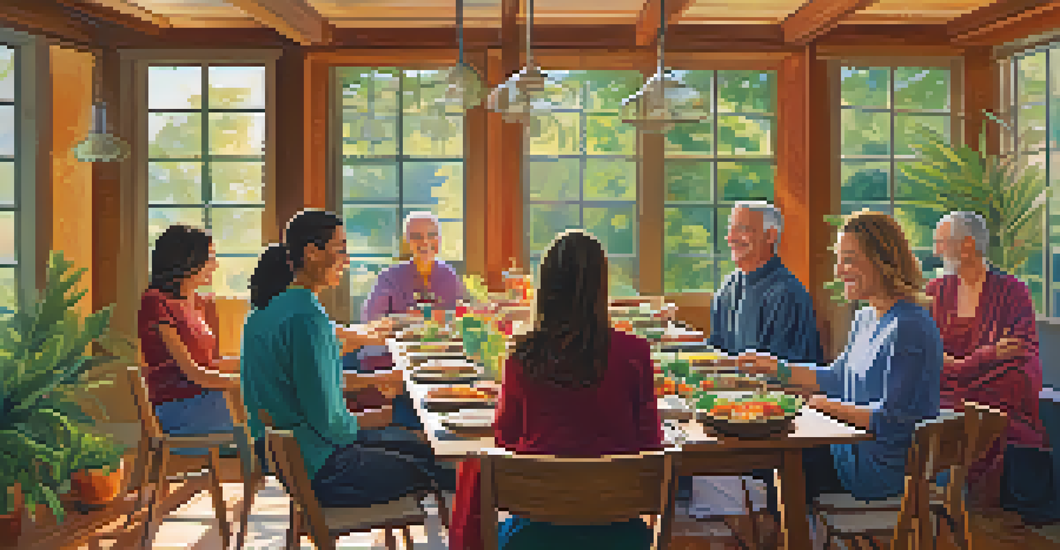 A communal dining area at a retreat with healthy plant-based dishes and participants enjoying their meal.