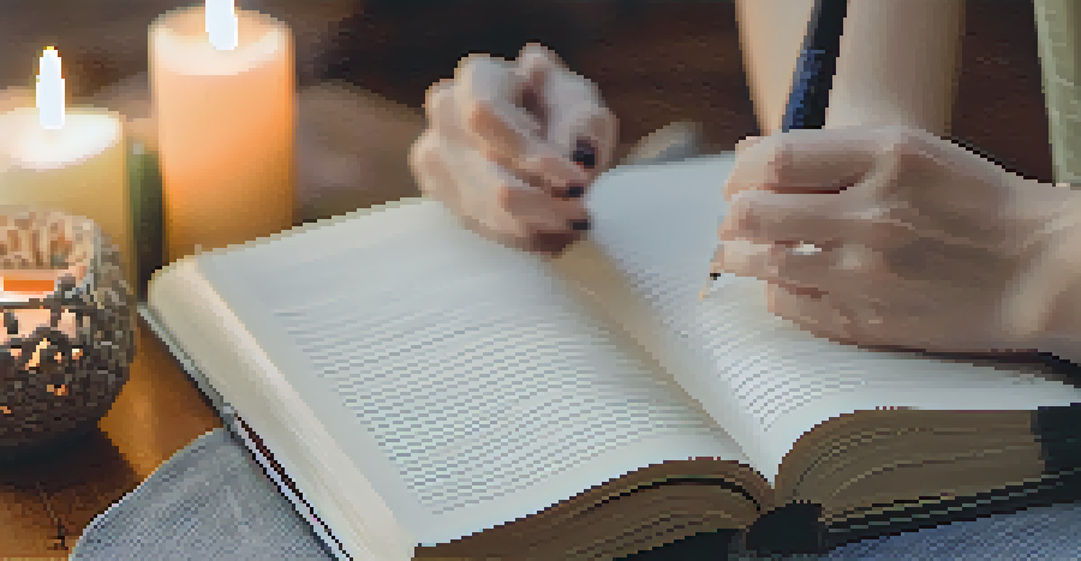 Close-up of hands in a prayer position next to an open gratitude journal on a yoga mat.