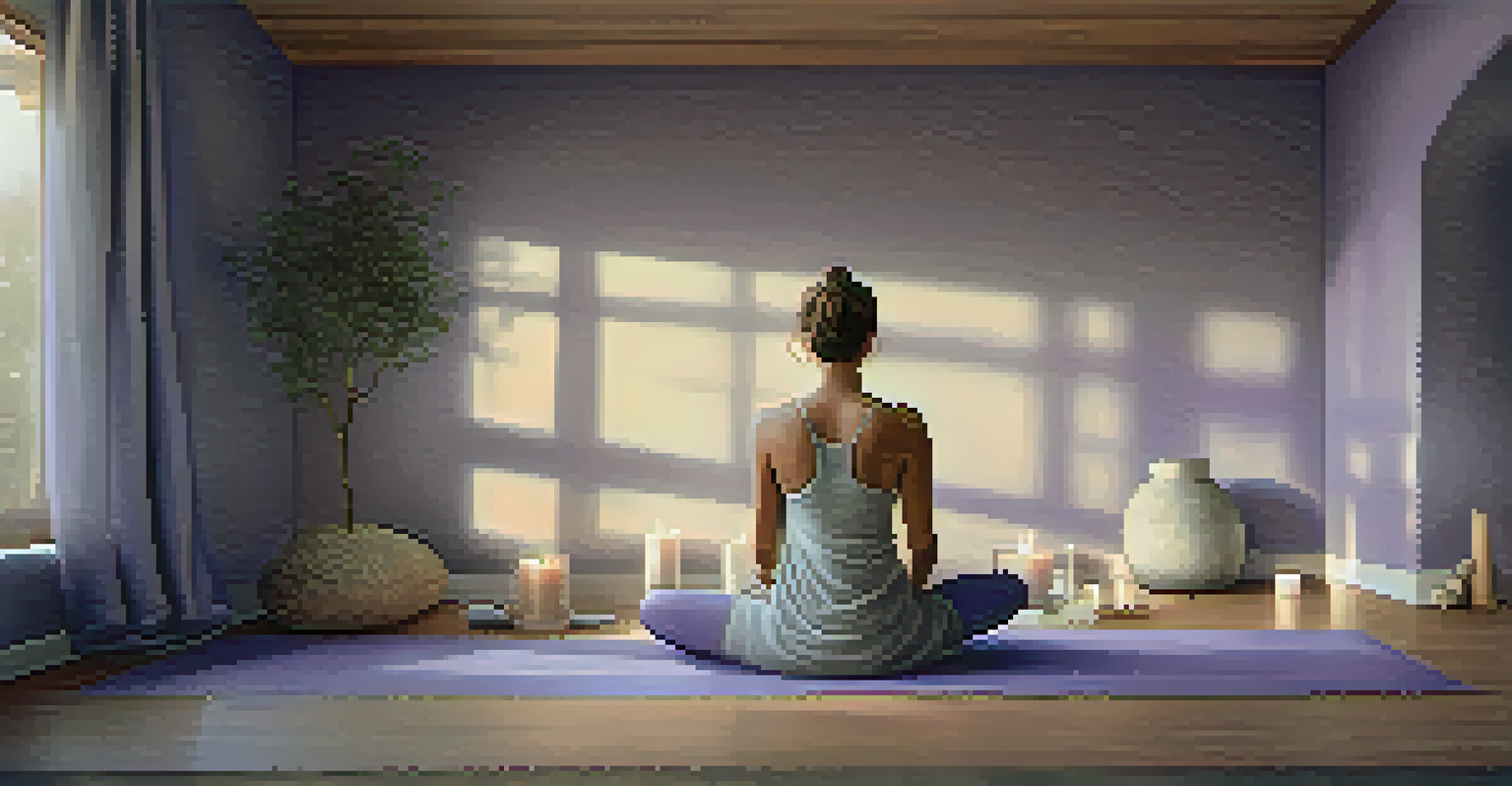 A tranquil yoga space with a person in Legs-Up-The-Wall pose surrounded by cozy blankets and soft lighting.