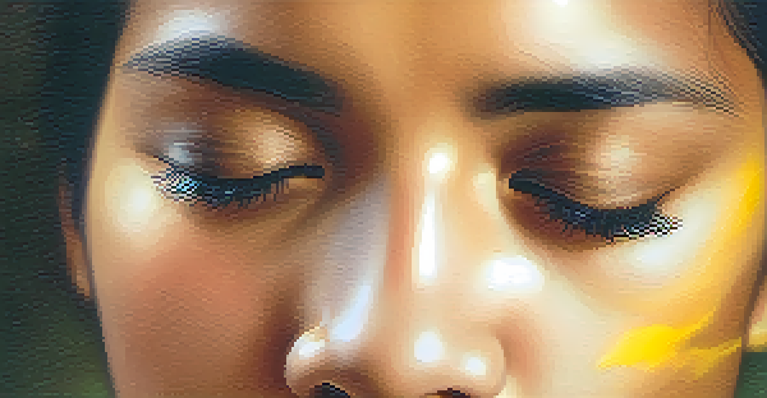 Close-up of a person practicing humming bee breath with a serene expression.