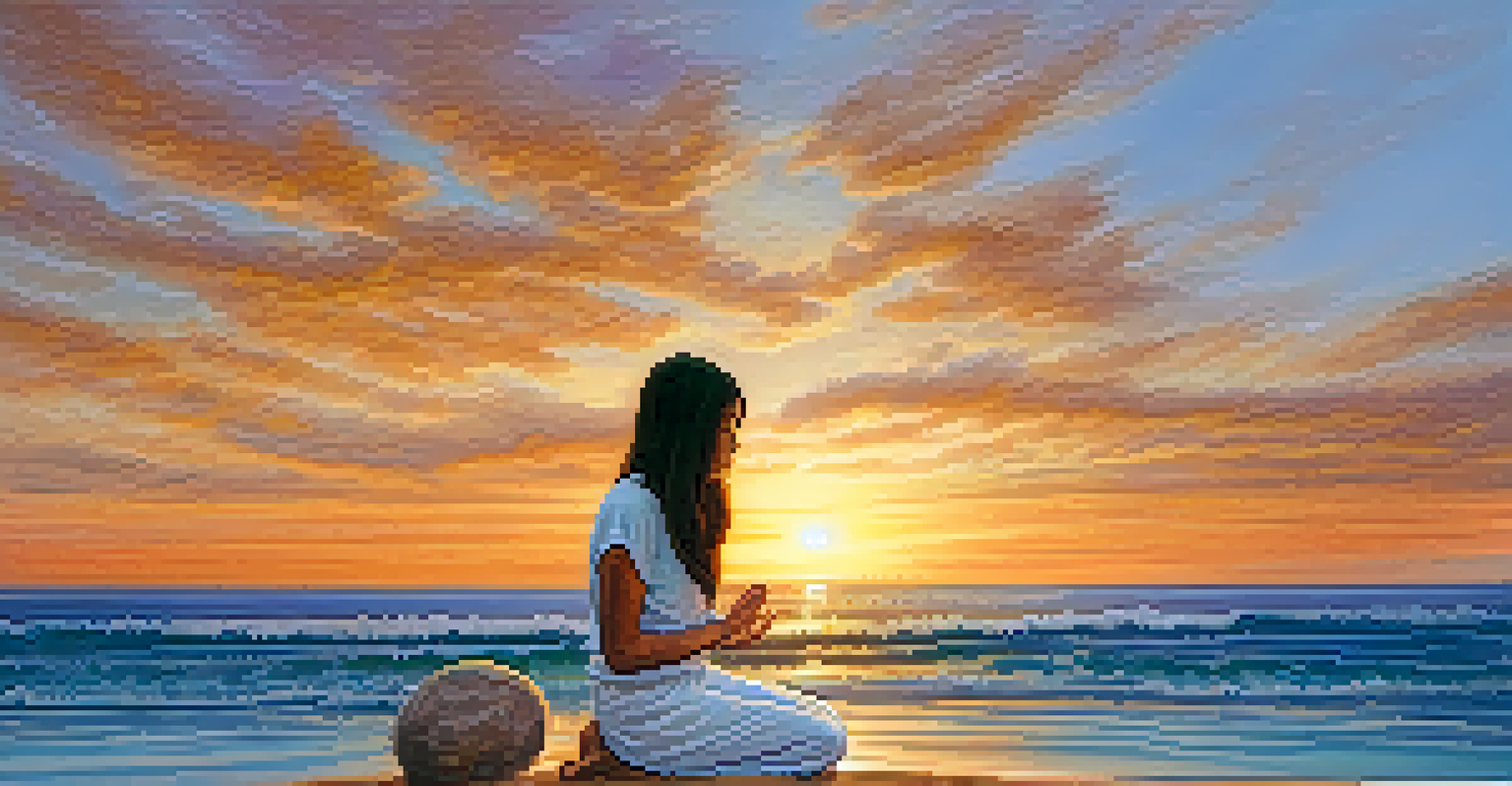 A close-up of a student's hands in a meditative pose against a sunset beach backdrop, conveying a sense of mindfulness and tranquility.
