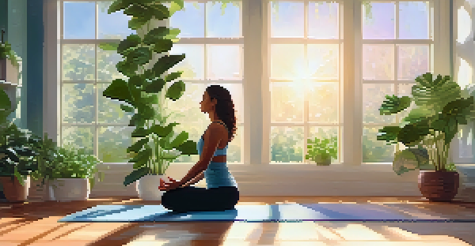 A person practicing yoga in a bright room filled with plants, sunlight streaming through the windows.