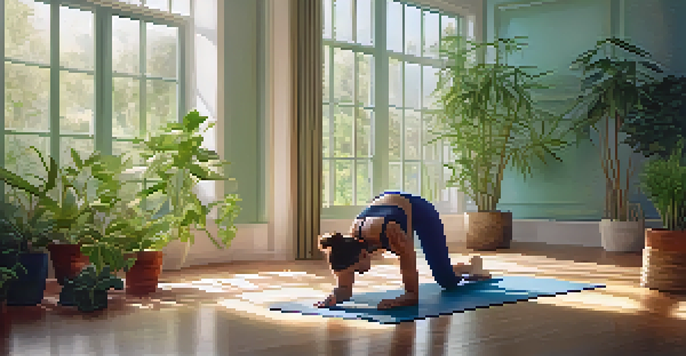 A person practicing Downward-Facing Dog pose in a bright yoga studio with plants and calming colors.