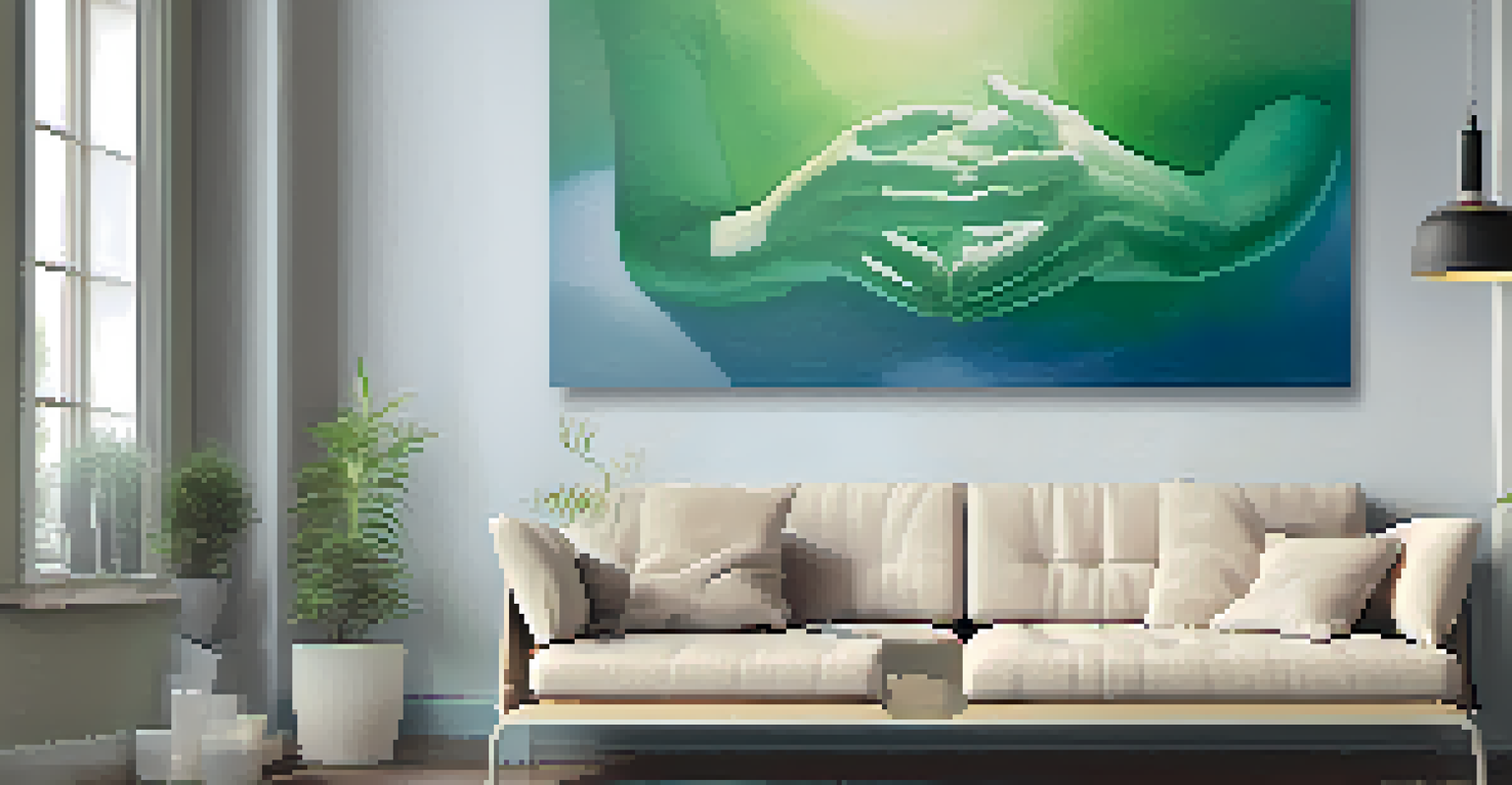 Close-up of hands in a deep breathing exercise in a peaceful office setting with motivational decor.