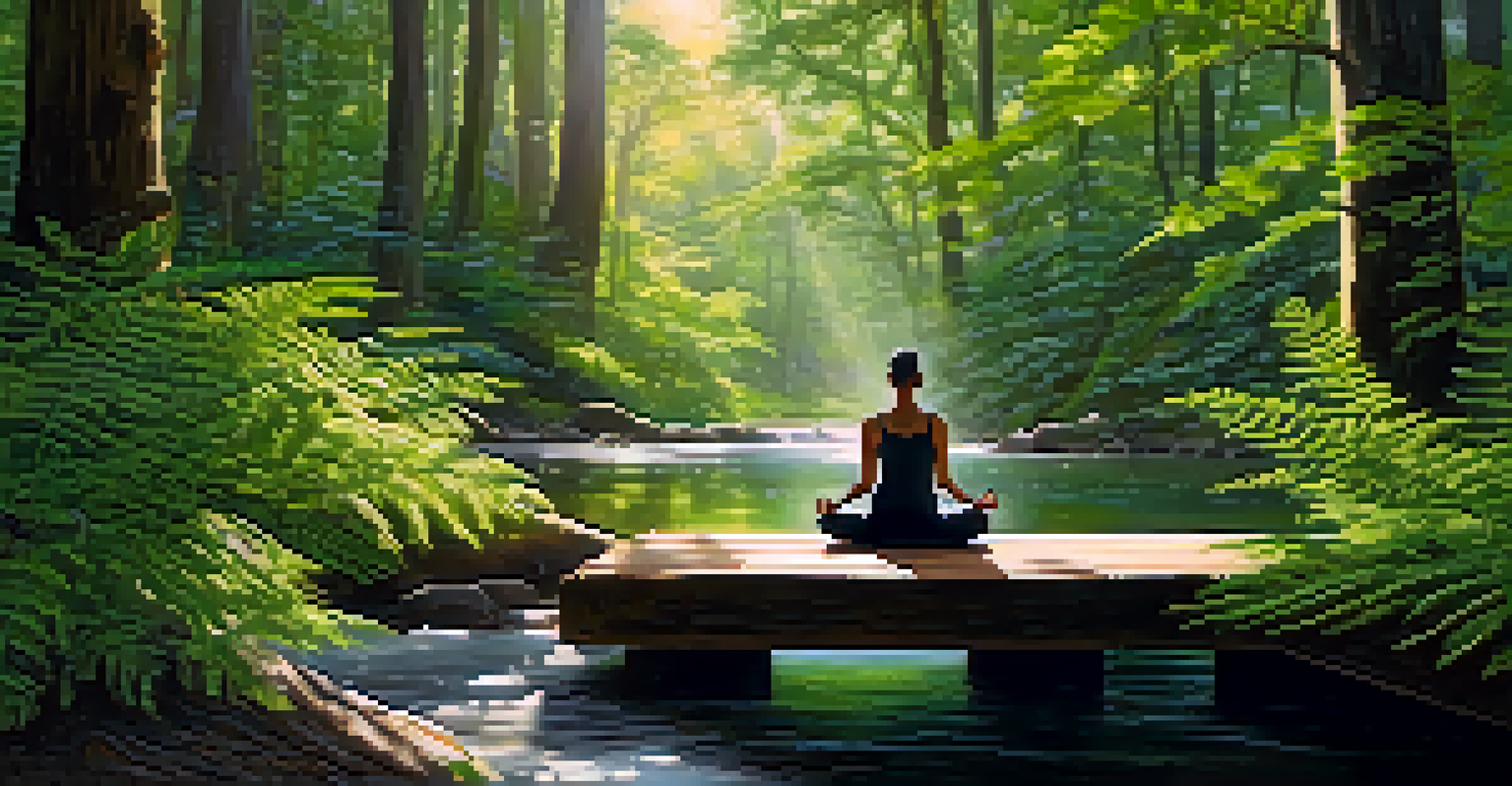 An individual practicing yoga on a wooden platform in a tranquil forest, surrounded by tall trees and soft sunlight filtering through the leaves.