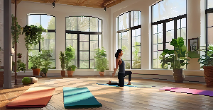 A peaceful yoga studio with a person practicing tree pose, surrounded by plants and soft light.