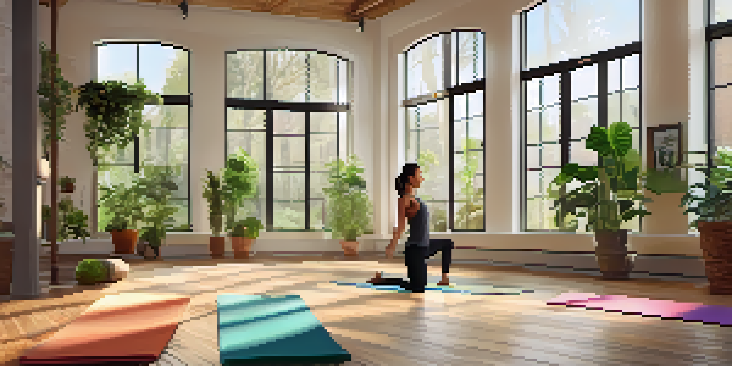 A peaceful yoga studio with a person practicing tree pose, surrounded by plants and soft light.
