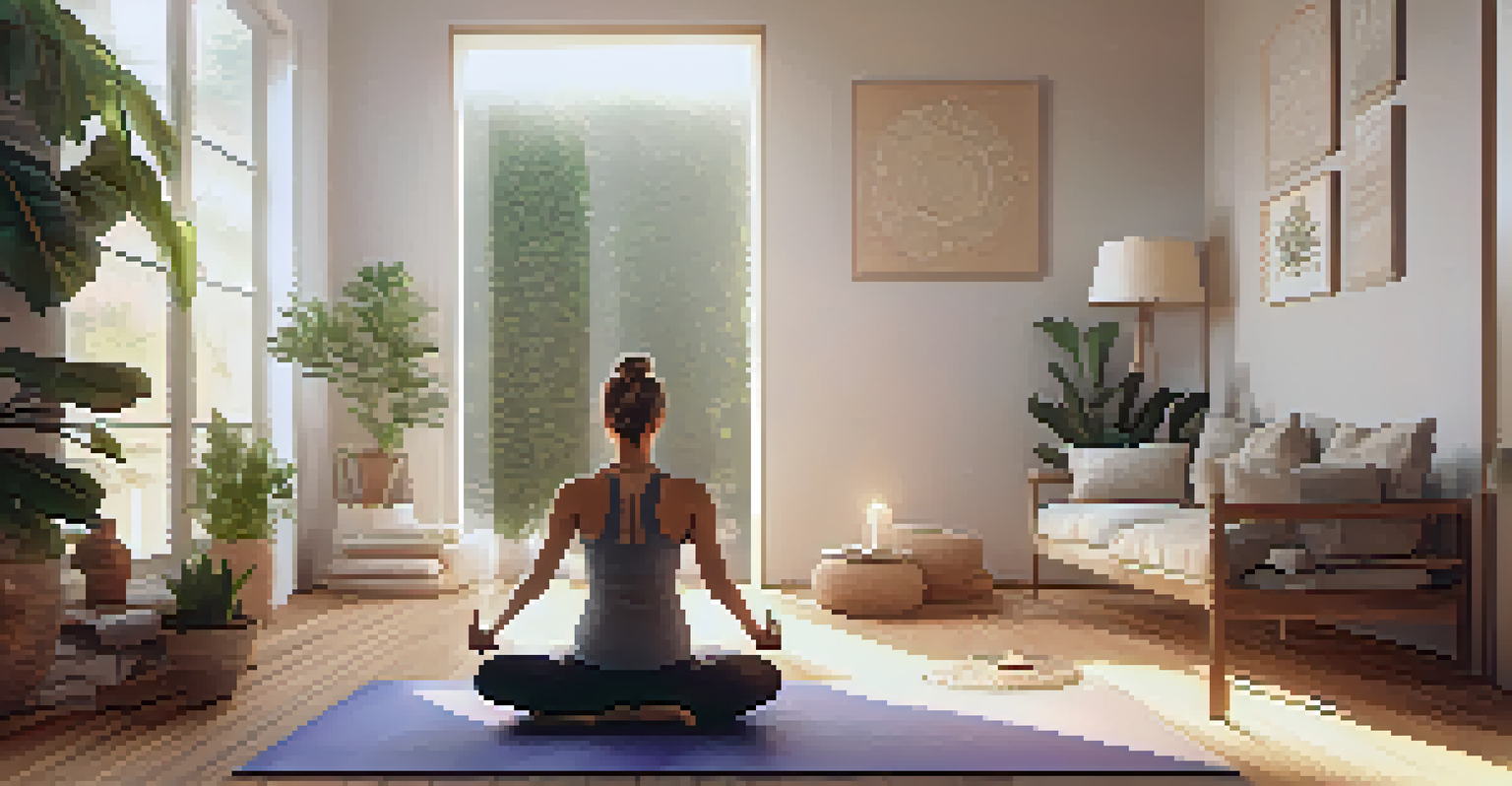 A peaceful corner in a living room set up for yoga, with a person meditating among cushions and candles in natural light.