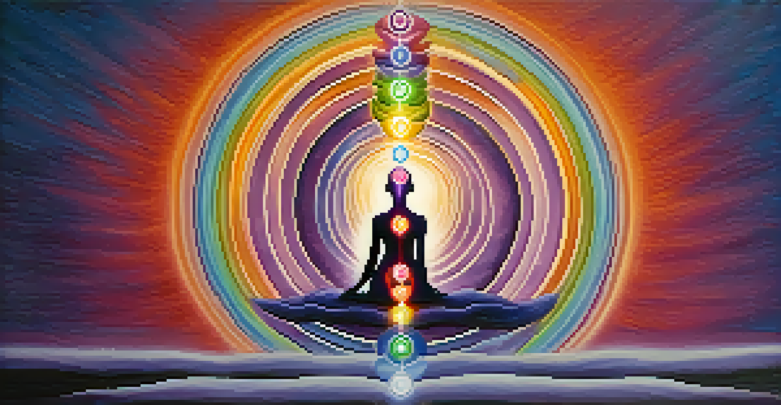 A human silhouette with seven chakras represented by colors and symbols on a calming background.