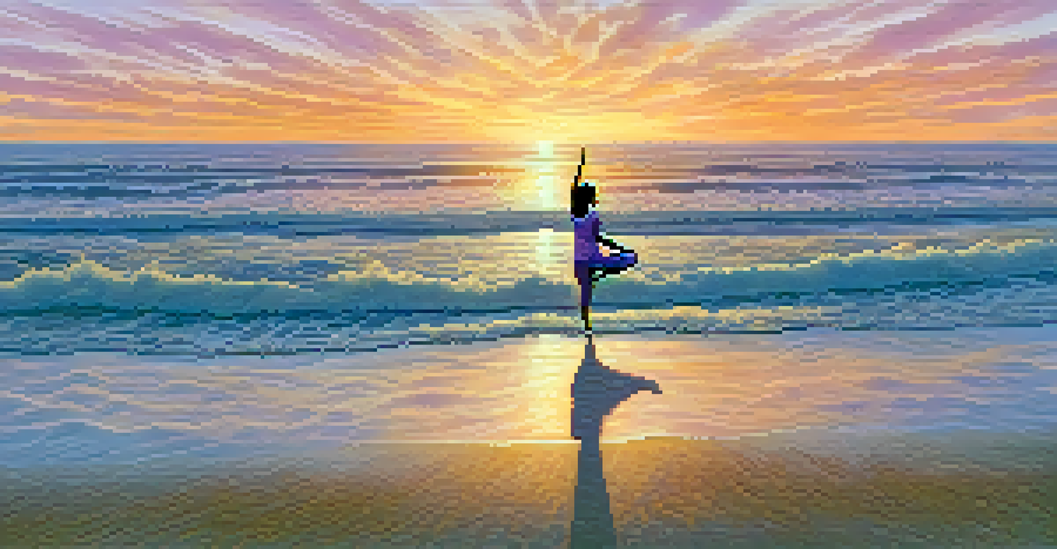 A person practicing yoga on a beach at sunrise, surrounded by colorful skies and gentle waves.