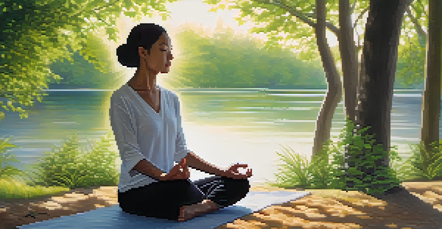 A person meditating outdoors in nature, surrounded by greenery and a flowing river, exuding calmness.