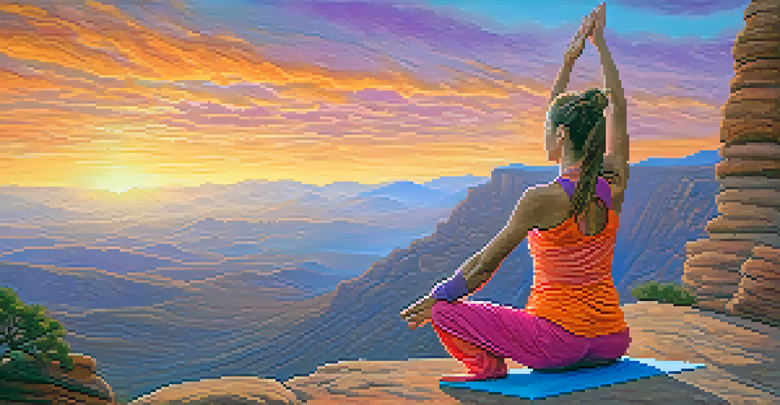 A person practicing Kundalini Yoga on a cliff at sunset, with vibrant skies and a breathtaking landscape in the background.