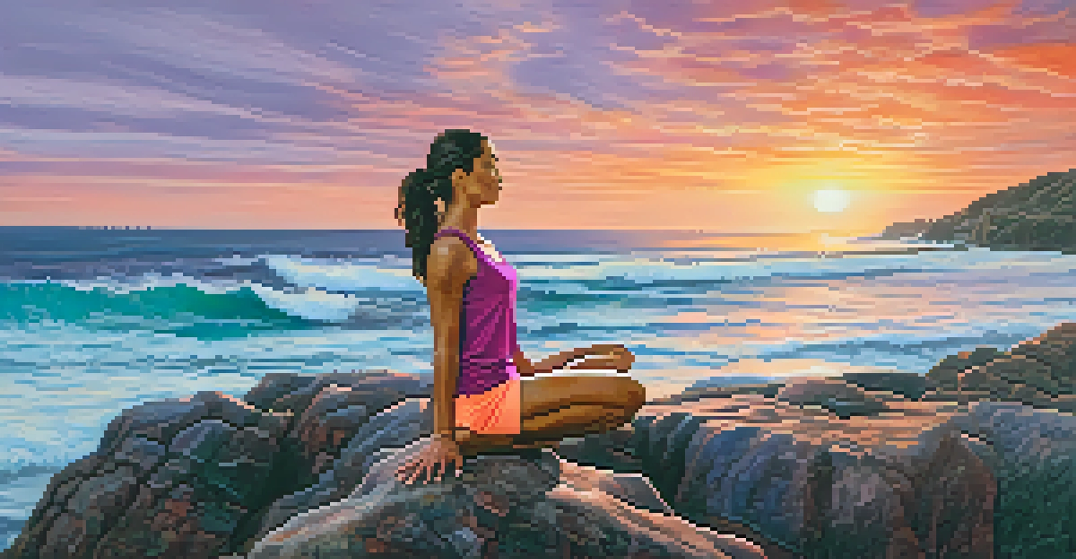 A woman doing yoga on a cliff at sunset, with a colorful sky and ocean waves in the background.