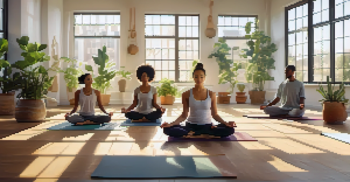 A diverse group of people practicing yoga together in a bright and peaceful studio, with sunlight streaming through windows and plants around them.