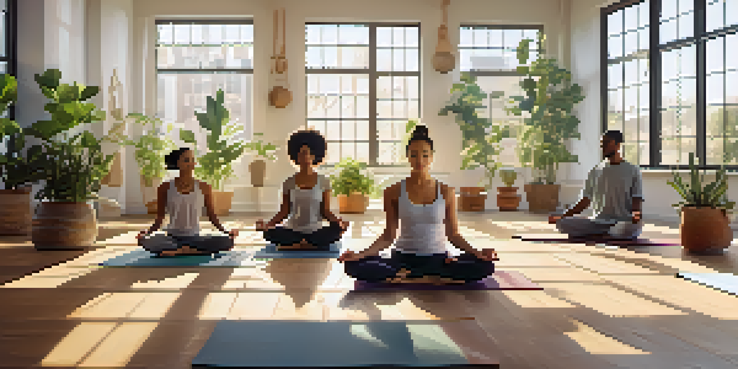 A diverse group of people practicing yoga together in a bright and peaceful studio, with sunlight streaming through windows and plants around them.