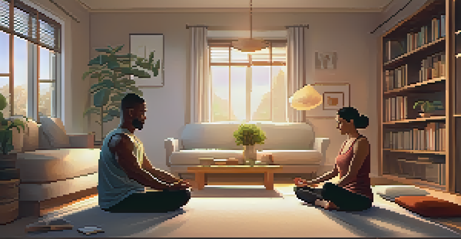 A couple sitting cross-legged on yoga mats in a cozy living room, facing each other in a meditative pose, surrounded by soft lighting and warm decor.