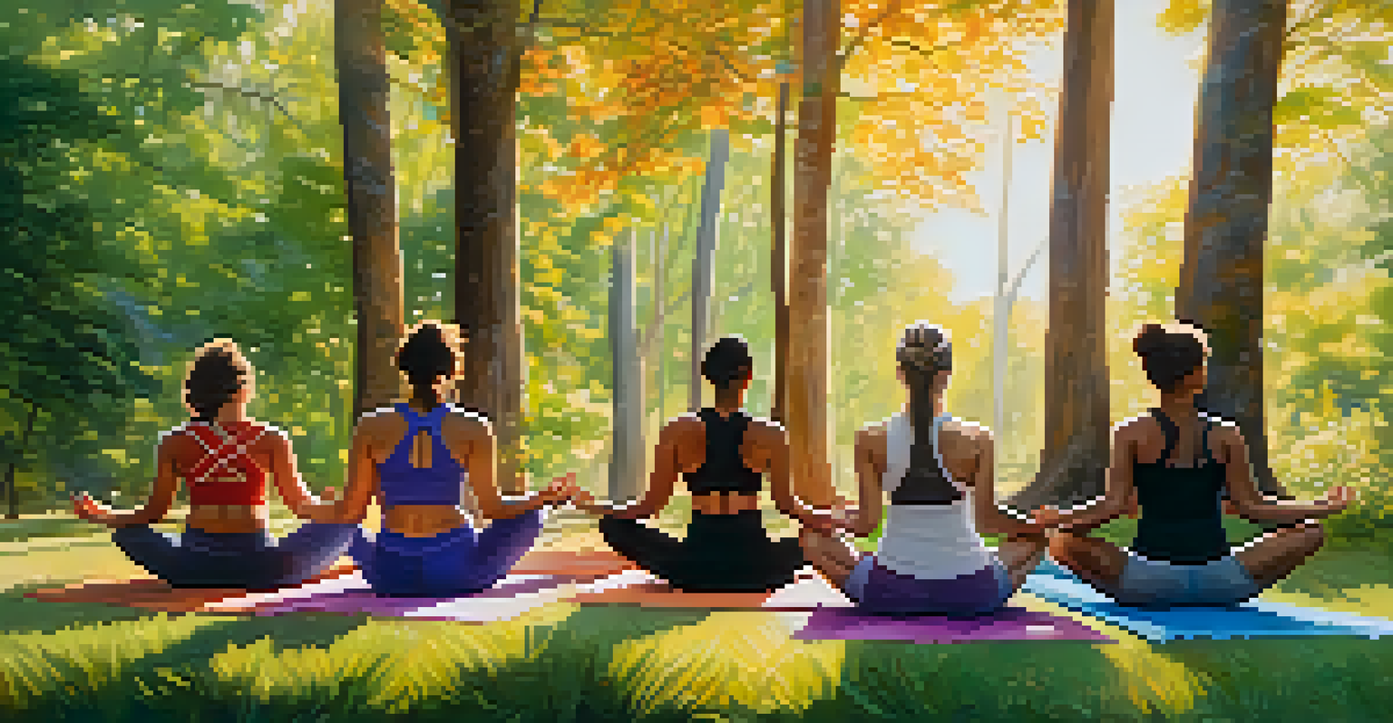 A group of people practicing yoga outside, each expressing their emotions through different poses in a natural setting.