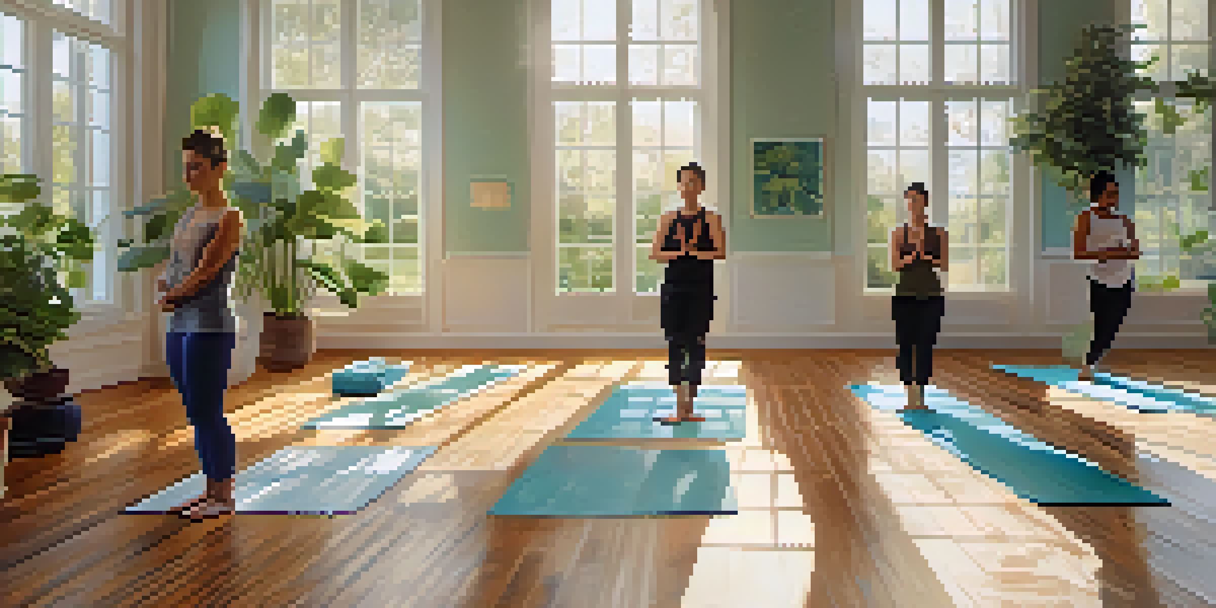 A peaceful yoga class in a bright studio with diverse practitioners in various poses, surrounded by plants and natural light.