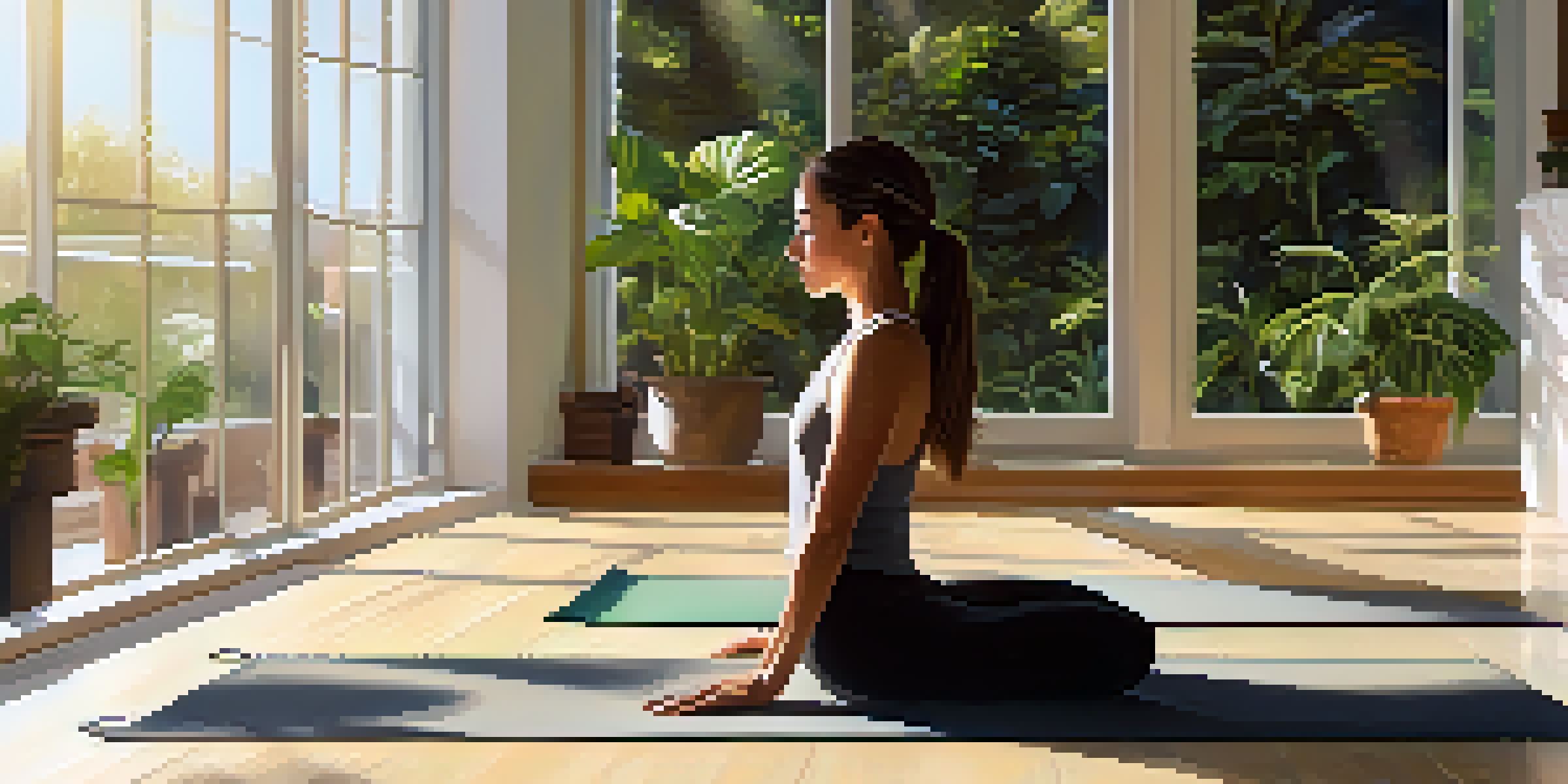 A person practicing Child's Pose in a sunlit room filled with indoor plants, conveying a sense of peace and relaxation.