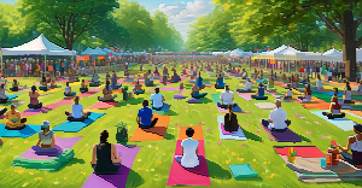 A lively yoga festival in a park with colorful mats, diverse participants, and stalls showcasing cultural foods and crafts.