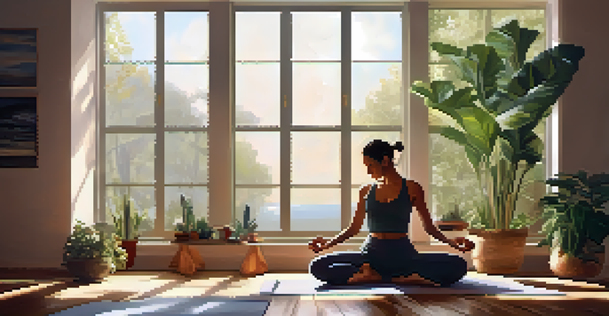 A person practicing chair yoga in a calm indoor environment, surrounded by plants and natural light.