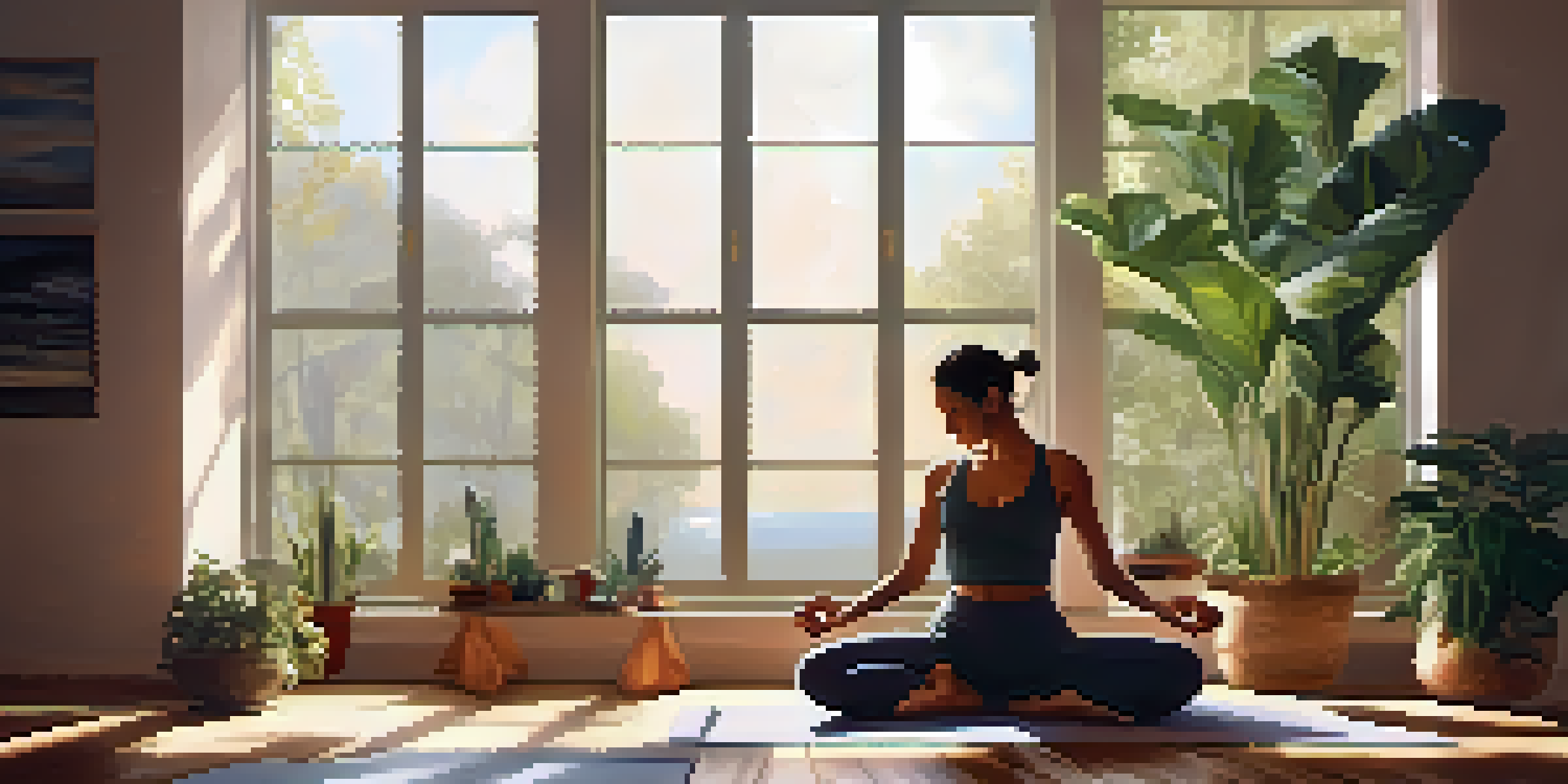 A person practicing chair yoga in a calm indoor environment, surrounded by plants and natural light.