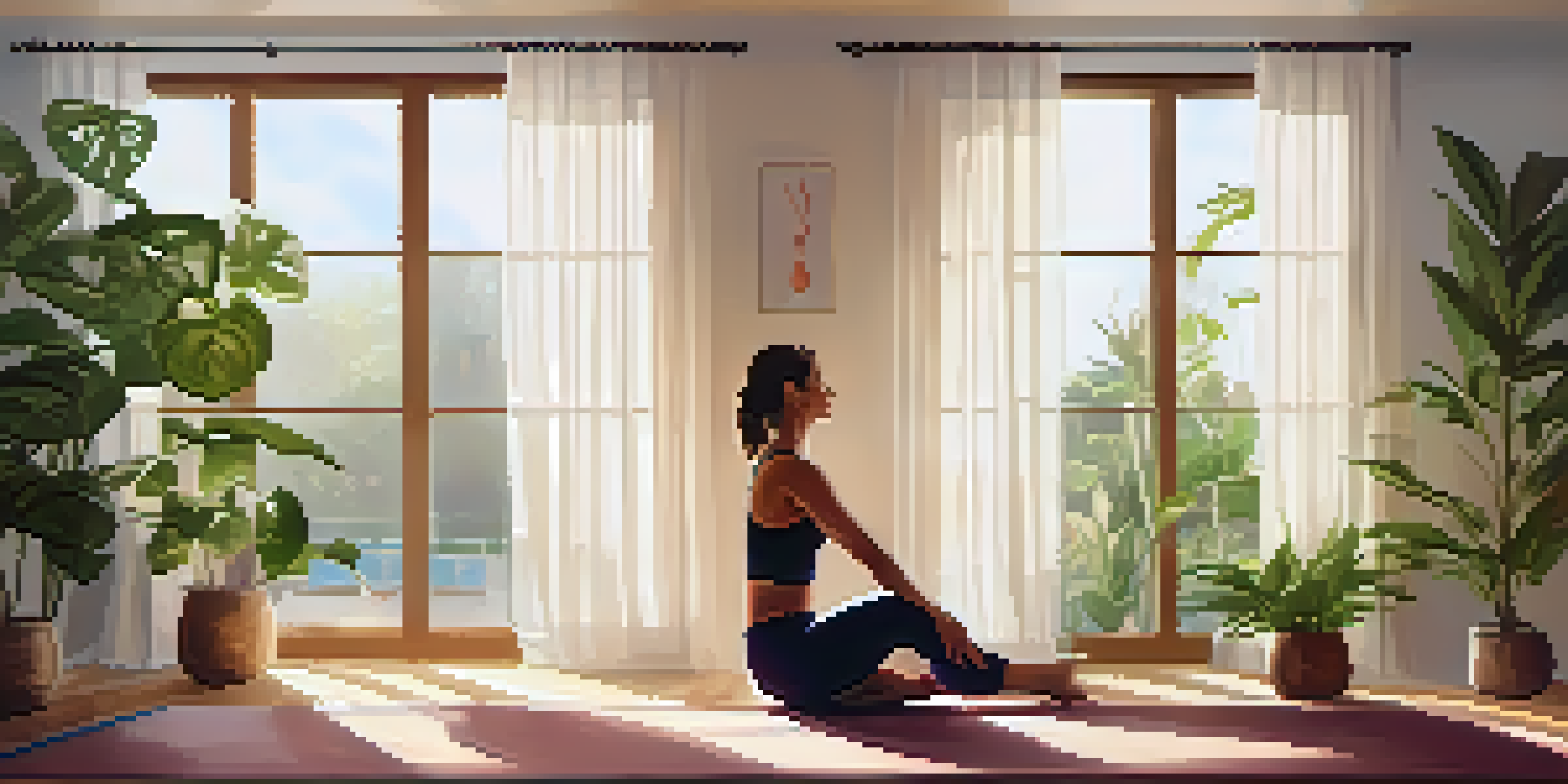 A person practicing Child's Pose in a tranquil yoga studio filled with soft morning light and indoor plants.