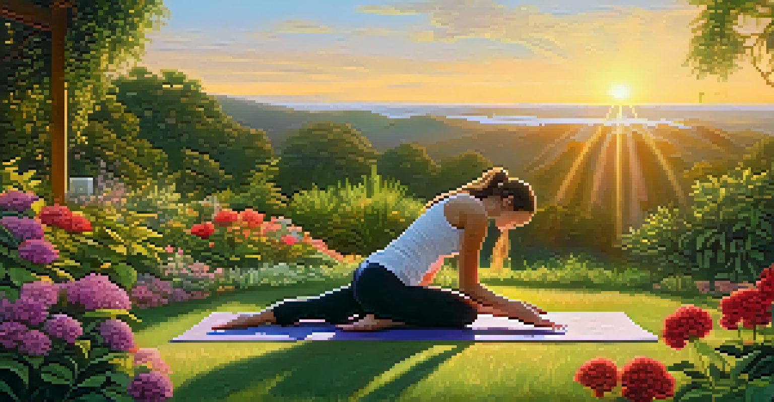 A person practicing a forward bend yoga pose outdoors amidst greenery and flowers during sunset.