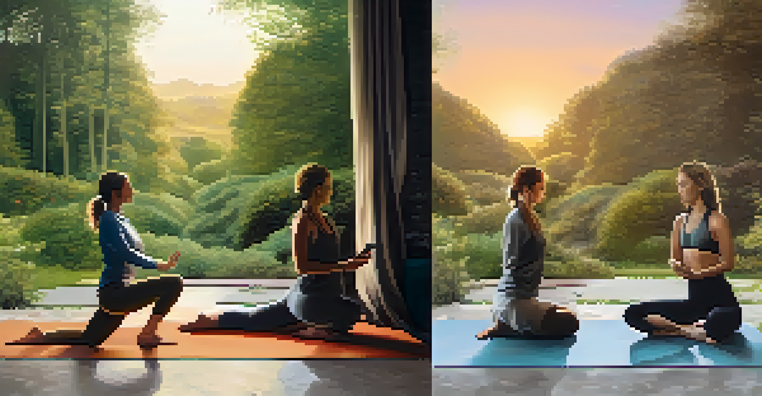 A split-image of a person doing yoga at sunrise in nature on one side, and distracted by a smartphone in a cluttered room on the other side, showcasing mindfulness versus technology distractions.