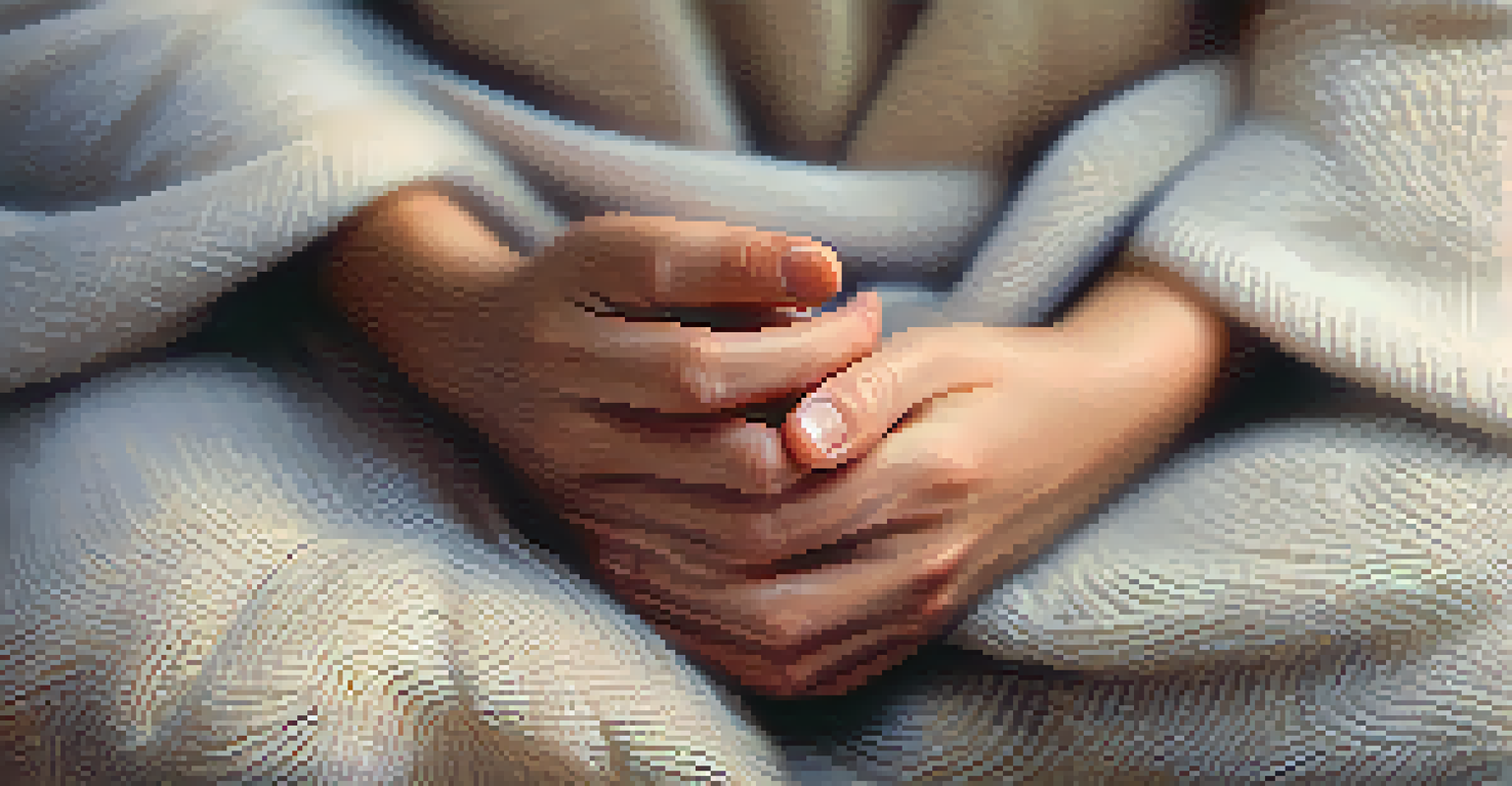 Close-up of hands resting on knees during meditation, with a soft blanket and a calming background.