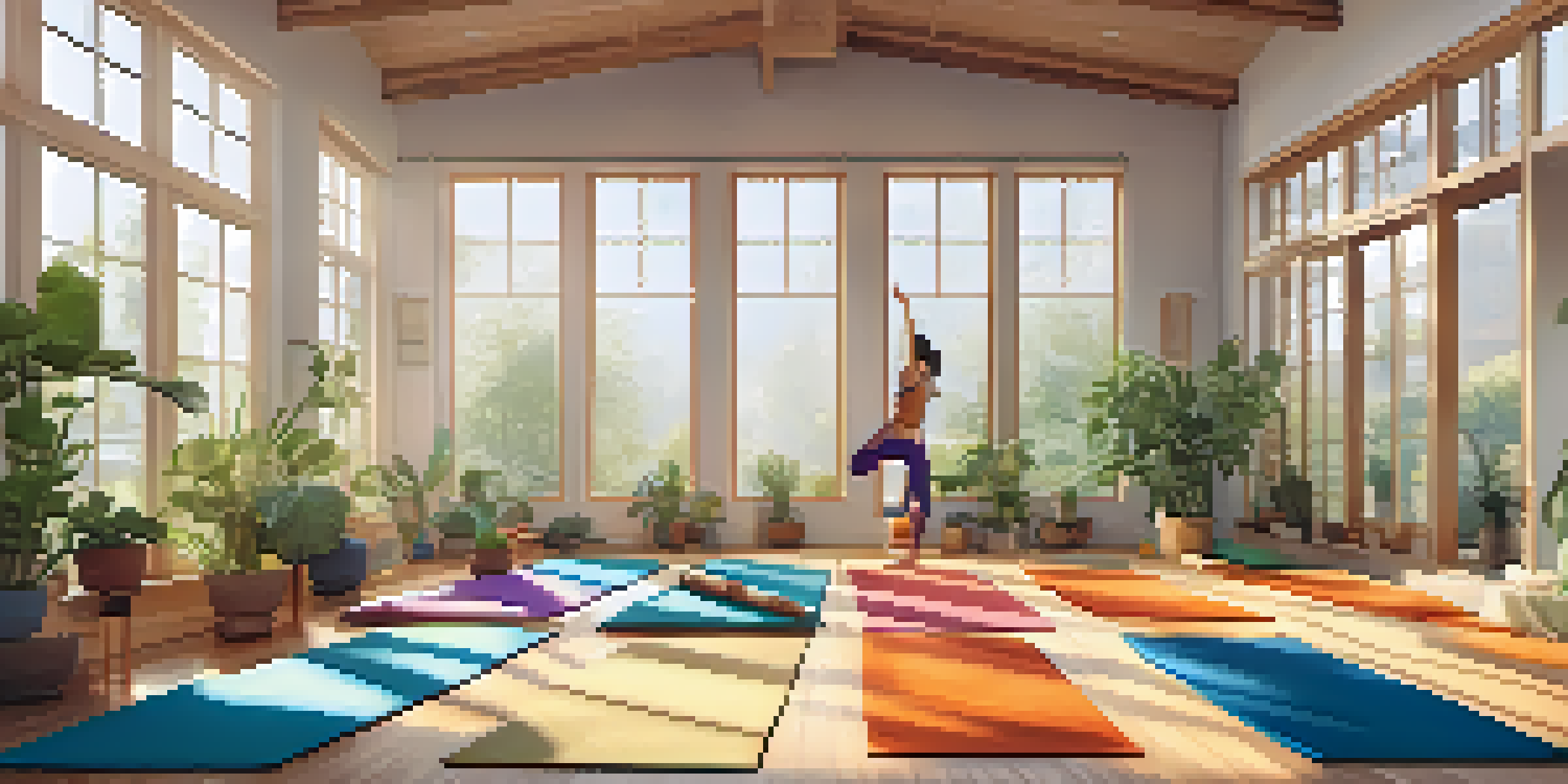 A diverse group of people practicing yoga in a bright, plant-filled studio with wooden accents and colorful mats under natural light.
