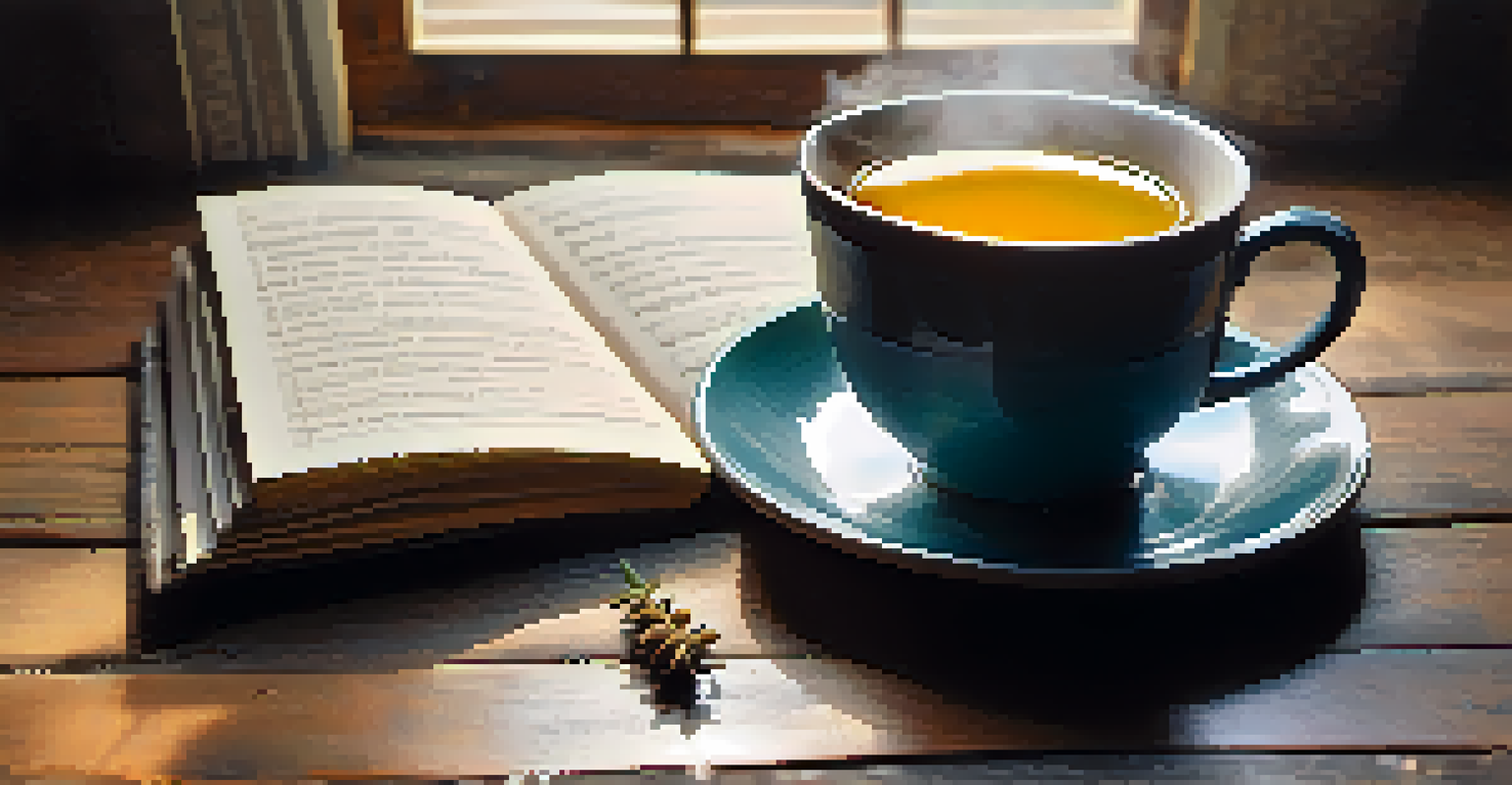 An open notebook with affirmations about financial abundance, accompanied by a cup of tea, on a wooden table with sunlight filtering through a window.