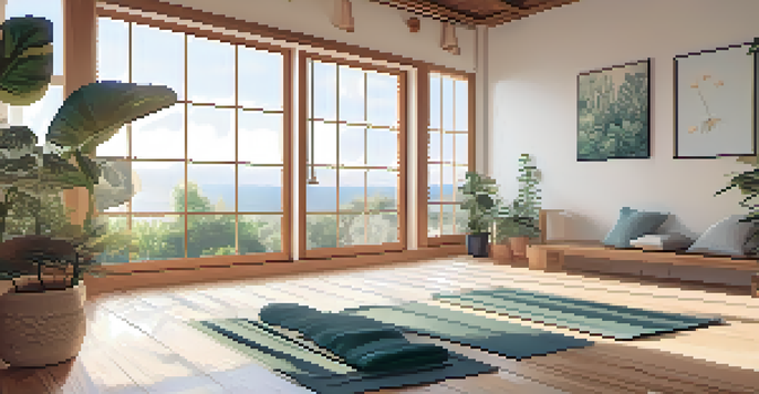 A calming home yoga space with natural light, plants, and cushions.