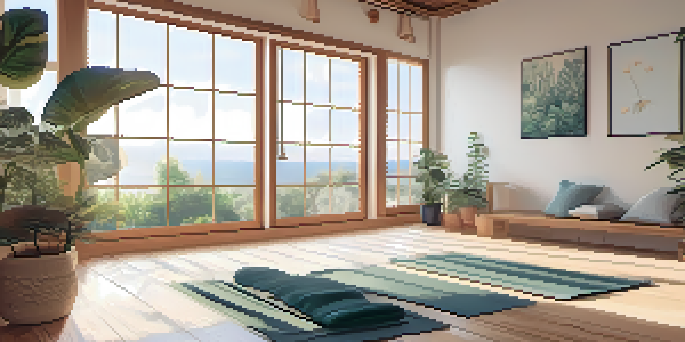 A calming home yoga space with natural light, plants, and cushions.